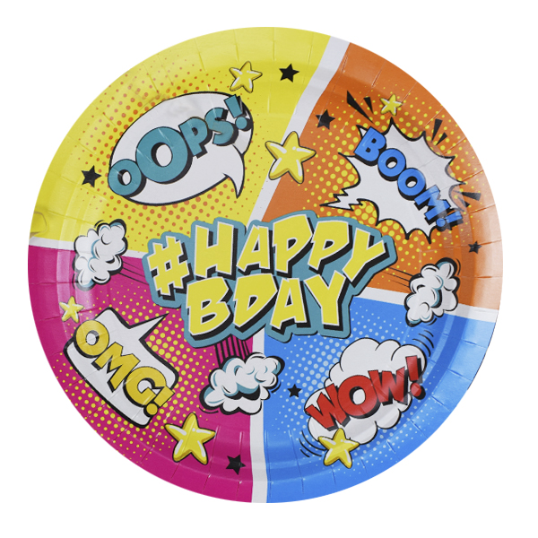 P 23см Тарелки бумажные Комиксы #HappyBday 6шт