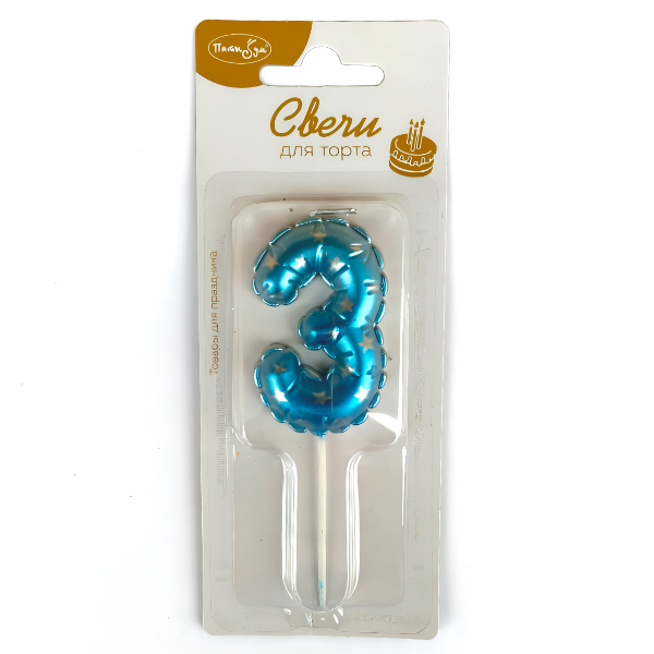 MС Свеча Цифра 6см синяя со звездами 3