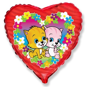 воздушные шары, шары из фольги, FM Сердце И-35 Котята в цветах 18/45см шар фольга