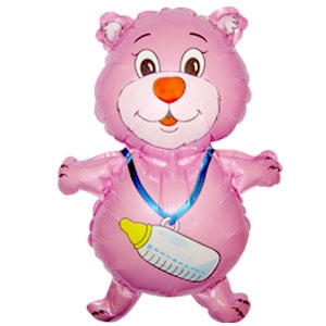 воздушные шары, шары из фольги, FM Мини Фигура гр.4 И-100 Медвежонок с бутылочкой малиновый  35см X 42см