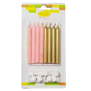MС Свечи Ассорти Pink с блестками & Gold 8см с держателями 8шт